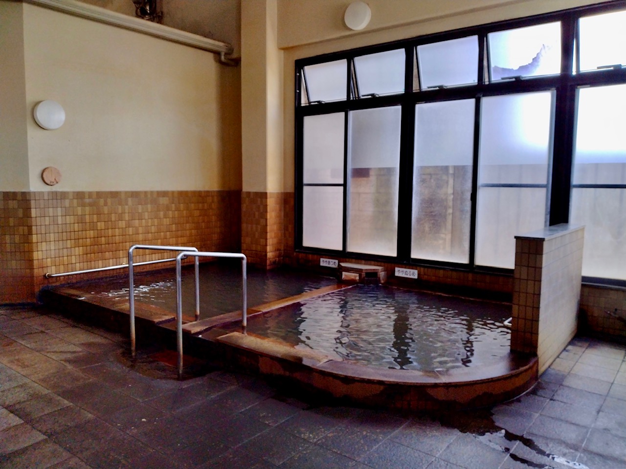 鉄臭香る茶褐色に濁った強塩泉がかけ流し…