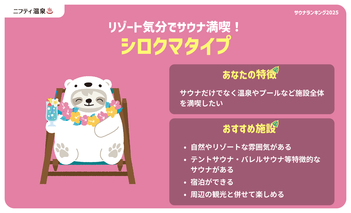 リゾート気分でサウナ満喫！シロクマタイプ